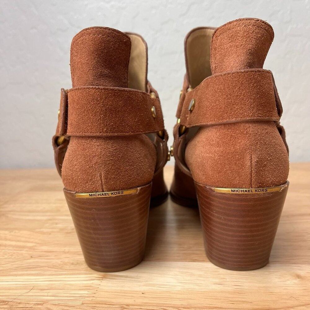 Michael Kors Pamela Suede Ankle Booties Harness  stacked leather heel
